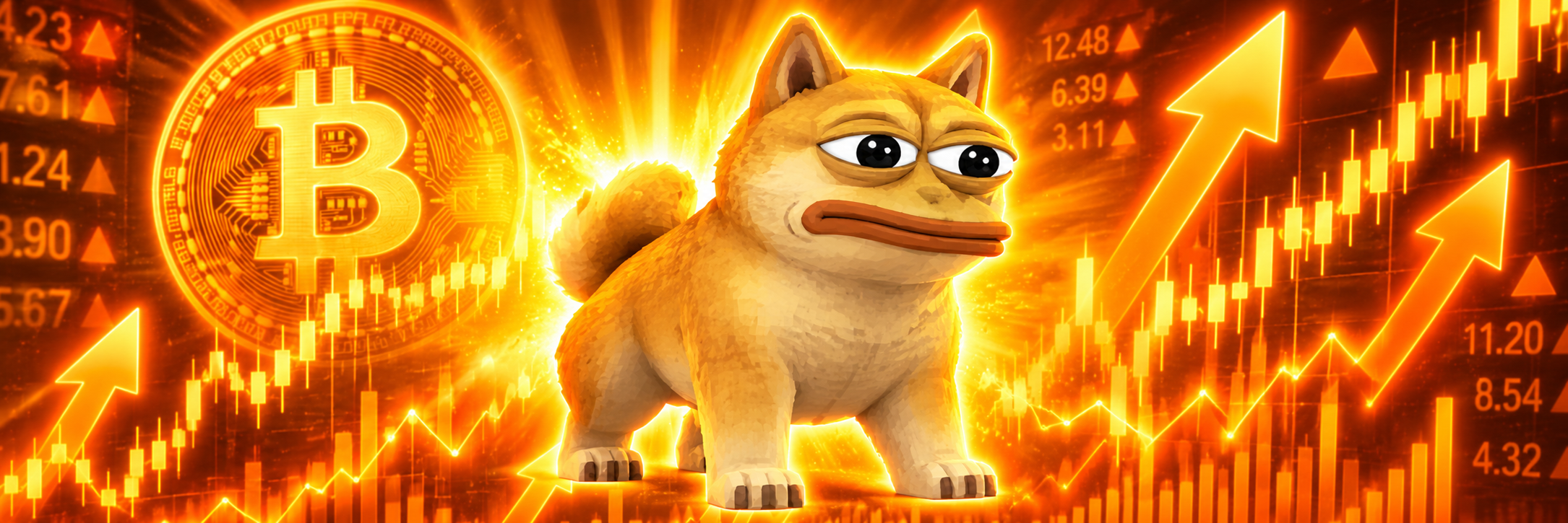 Dope Stonks golden bull market banner with dog, Bitcoin and rising arrows